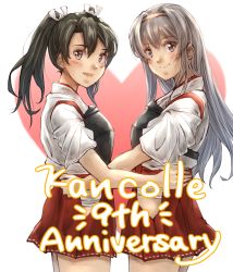 Rule 34 | anniversary, black hairband, commentary request, copyright name, cowboy shot, grey hair, hairband, hakama, hakama short skirt, hakama skirt, japanese clothes, kantai collection, ld (luna dial398), long hair, muneate, red skirt, shoukaku (kancolle), skirt, smile, twintails, zuikaku (kancolle)