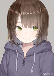 Rule 34 | 1girl, artist name, brown hair, capriccio, closed mouth, commentary request, drawstring, green eyes, grey background, hair ornament, hairclip, hood, hood down, hooded jacket, jacket, looking away, looking to the side, original, purple jacket, short hair, simple background, solo, upper body