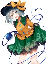 Rule 34 | 1girl, :d, blush, breasts, buttons, commentary request, diamond button, eyeball, floral print, frilled shirt collar, frilled skirt, frilled sleeves, frills, green eyes, green nails, green skirt, grey hair, hat, hat ribbon, heart, heart of string, highres, komeiji koishi, long sleeves, looking at viewer, looking down, medium breasts, nail polish, open mouth, ribbon, rose print, sakizaki saki-p, shirt, short hair, simple background, skirt, skirt hold, sleeves past wrists, smile, solo, teeth, third eye, touhou, upper teeth only, white background, wide sleeves, yellow ribbon, yellow shirt