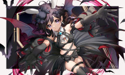 Rule 34 | 1girl, animal ears, armpits, artist name, bare shoulders, bat (animal), bat hair ornament, bat wings, black bow, black gloves, black ribbon, black thighhighs, blood, border, bow, breasts, brooch, candy hair ornament, closed mouth, coffin, commentary, cross, cross earrings, detached collar, drill hair, earrings, elbow gloves, fang, food-themed hair ornament, glint, gloves, gradient legwear, hair ornament, highres, jewelry, kaze-hime, knees together feet apart, looking at viewer, navel, original, outside border, outstretched arms, pout, purple eyes, purple hair, rabbit ears, reaching, reaching towards viewer, red thighhighs, revealing clothes, ribbon, single earring, skindentation, small breasts, solo, sparkle, thigh strap, thighhighs, torn clothes, vampire, watermark, web address, white border, wing collar, wings
