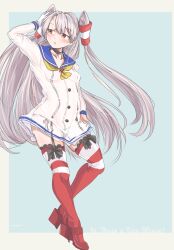 Rule 34 | alternate color, amatsukaze (kancolle), bikini, black panties, blue sailor collar, brown eyes, dress, garter straps, gloves, grey hair, hair tubes, hand on own head, highres, kantai collection, long hair, looking to the side, neckerchief, panties, red thighhighs, sailor collar, sailor dress, see-through, see-through dress, short dress, side-tie bikini bottom, single glove, standing, striped clothes, striped thighhighs, swimsuit, thighhighs, thrux, two side up, underwear, white dress, white gloves, yellow neckerchief