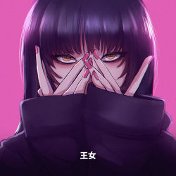 Rule 34 | 1girl, black hair, blueriest, chromatic aberration, covering face, hands on own face, highres, long hair, looking at viewer, nail polish, original, peeking through fingers, pink background, pink nails, simple background, sleeves past wrists, solo, upper body, yellow eyes