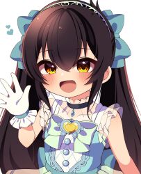 Rule 34 | 1girl, aqua bow, back bow, black hair, blue dress, blush, bow, bowtie, buttons, collarbone, commentary, dot nose, dress, flat chest, frilled dress, frilled gloves, frills, gloves, hair between eyes, hair bow, hand up, highres, idolmaster, idolmaster cinderella girls, long hair, looking at viewer, maju risa, matoba risa, open mouth, see-through, sidelocks, smile, solo, tiara, twintails, upper body, waving, white background, white gloves, yellow eyes