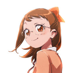 Rule 34 | 1girl, aged up, blush, bow, brown eyes, brown hair, closed mouth, collared shirt, commentary request, fujiwara hazuki, glasses, hair bow, long hair, looking at viewer, looking back, ojamajo doremi, ojamajo doremi 16, orange bow, orange shirt, round eyewear, shirt, short bangs, simple background, smile, solo, tanedahiwa (carduelini), upper body, white background