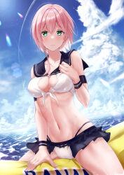 Rule 34 | 1girl, afloat, bikini, black sailor collar, black skirt, blue sky, breasts, cleavage, closed mouth, cloud, collarbone, commentary request, day, green eyes, highres, horizon, lens flare, long hair, looking at viewer, medium breasts, meen (ouaughikepdvrsf), navel, ocean, original, outdoors, photoshop (medium), pink hair, pleated skirt, sailor bikini, sailor collar, skirt, sky, solo, stomach, straddling, swimsuit, white bikini