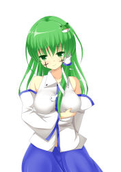 Rule 34 | 1girl, absurdres, blue skirt, breasts, closed mouth, collared shirt, commentary request, cookie (touhou), cowboy shot, cross, detached sleeves, facepaint, frog hair ornament, grabbing own breast, green eyes, green hair, hair ornament, hair tubes, highres, kochiya sanae, large breasts, long hair, looking at viewer, nontraditional miko, paseri (cookie), shirt, simple background, skirt, sleeveless, sleeveless shirt, smile, snake hair ornament, solo, szk, touhou, white background, white shirt, white sleeves
