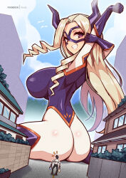 Rule 34 | 1boy, 1girl, arms up, ass, blonde hair, blue sky, bodysuit, boku no hero academia, breasts, day, domino mask, fake horns, from behind, giant, giantess, gloves, grin, horns, impossible clothes, large breasts, long hair, looking at viewer, looking back, mask, mount lady, outdoors, purple eyes, purple gloves, sitting, sky, smile, virus-g