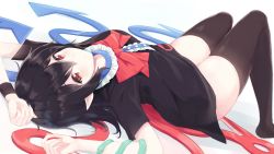 Rule 34 | 1girl, :c, asymmetrical wings, black dress, black hair, black thighhighs, bow, bowtie, center frills, dress, frills, hair between eyes, highres, houjuu nue, igayan, knees up, looking at viewer, lying, on back, pointy ears, red bow, red bowtie, red eyes, short dress, short sleeves, simple background, snake, solo, thighhighs, touhou, white background, wings, wrist cuffs, zettai ryouiki