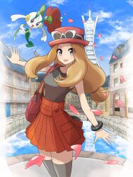 Rule 34 | 1girl, :d, absurdres, bag, bracelet, building, cloud, collared shirt, commentary request, creatures (company), day, eyewear on headwear, falling petals, floette, game freak, gen 6 pokemon, grey eyes, handbag, hat, high-waist skirt, highres, jewelry, long hair, lumiose city, mega ring, mikan (mikan no happa), nintendo, open mouth, outdoors, petals, pokemon, pokemon (creature), pokemon xy, red bag, red headwear, serena (pokemon), shirt, skirt, sky, sleeveless, sleeveless shirt, smile, standing, sunglasses, thighhighs, water, white-framed eyewear