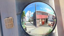 Rule 34 | banishment, blue sky, blurry, blurry background, bus, cloud, day, fisheye, highres, motor vehicle, no humans, original, outdoors, power lines, reflection, road, scenery, sky, street, summer, traffic mirror, tree, utility pole, vending machine