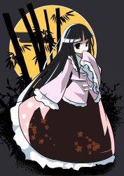 Rule 34 | 1girl, bamboo, black hair, brown eyes, collar, covering own mouth, floral print, frilled collar, frilled shirt collar, frilled sleeves, frills, full moon, highres, hime cut, houraisan kaguya, long hair, looking at viewer, mankun, moon, pink shirt, red skirt, shirt, skirt, sleeves past wrists, solo, touhou, very long hair