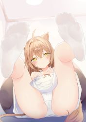 Rule 34 | 1girl, absurdres, ahoge, animal ears, ass, blush, brown hair, collarbone, commentary request, crossed bangs, dress, feet, foreshortening, frilled dress, frills, full body, highres, indie virtual youtuber, indoors, kou futoshi, leaning back, legs, lion ears, lion girl, long hair, no shoes, open mouth, panties, pantyshot, rurudo lion, rurudo lion (1st costume), shadow, shiny skin, socks, soles, solo, sundress, thighs, toes, underwear, virtual youtuber, white dress, white panties, white socks, yellow eyes