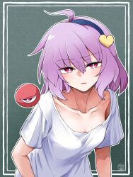 Rule 34 | 1girl, blue hairband, border, breasts, cleavage, collarbone, eyeball, green background, hairband, heart, highres, komeiji satori, leaning forward, looking at viewer, loose clothes, loose shirt, pink eyes, purple hair, red eyes, scavia10, shirt, short hair, short sleeves, small breasts, solo, third eye, touhou, white border, white shirt