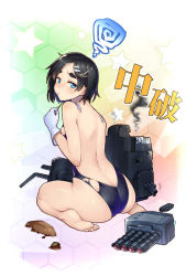 Rule 34 | 10s, 1girl, alternate costume, ass, black hair, blush, closed mouth, competition swimsuit, eyebrows, food, gloves, gradient background, hair ornament, hairclip, honeycomb (pattern), honeycomb background, honeycomb pattern, kantai collection, kuroshio (kancolle), looking at viewer, one-piece swimsuit, pout, short hair, solo, swimsuit, taketora suzume, takoyaki, thick eyebrows, toothpick, torn clothes, torpedo, turret