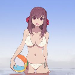 Rule 34 | 10s, 1girl, :d, arm at side, artist name, bad id, bad twitter id, ball, beachball, bikini, breasts, chimaki (u9works), collarbone, day, girls und panzer, gradient background, hair between eyes, hair ribbon, halterneck, kondou taeko, large breasts, long hair, looking at viewer, navel, open mouth, outdoors, purple eyes, purple hair, ribbon, side-tie bikini bottom, simple background, smile, solo, swimsuit, wading, white bikini