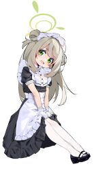 1girl aged_down alternate_costume apron black_dress black_footwear blue_archive blush commentary double_bun dress enmaided full_body gloves green_eyes green_halo hair_bun halo head_tilt highres light_brown_hair long_hair looking_at_viewer maid maid_apron maid_headdress nonomi_(blue_archive) open_mouth painterliuhao pantyhose short_sleeves sidelocks simple_background solo white_background white_gloves white_pantyhose