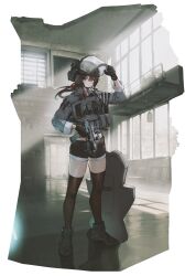 Rule 34 | 1girl, absurdres, ammunition pouch, black footwear, black gloves, black shorts, black thighhighs, blue eyes, broken window, brown hair, closed mouth, combat helmet, commentary, commission, ear protection, english commentary, flashlight, full body, gloves, grey jacket, gun, h&amp;k mp7, hair between eyes, hand up, helmet, highres, holding, holding weapon, indoors, jacket, light particles, long hair, long sleeves, magazine (weapon), microphone, optical sight, original, bulletproof vest, pouch, shield, shoes, short shorts, shorts, sleeves rolled up, solo, submachine gun, tactical clothes, termichan (not-a-bot), thighhighs, trigger discipline, tuziki sang, visor (armor), watch, weapon