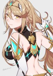 Rule 34 | 1girl, bare shoulders, blonde hair, blush, breasts, butt crack, commentary request, gloves, grey background, highres, large breasts, long hair, looking at viewer, midriff, mythra (xenoblade), peach11 01, simple background, smile, solo, upper body, very long hair, white gloves, xenoblade chronicles (series), xenoblade chronicles 2, yellow eyes