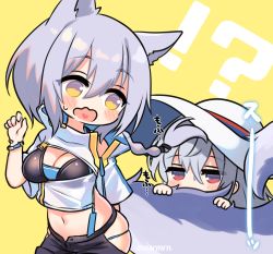 Rule 34 | !?, 2girls, animal ears, arknights, bad id, bad pixiv id, bikini, black bikini, black shorts, blush stickers, braid, breasts, cleavage, commentary request, grey hair, hair between eyes, hand up, hat, heart, heart in mouth, hip vent, long hair, mashiro miru, medium breasts, multiple girls, official alternate costume, open mouth, provence (arknights), provence (casual vacation) (arknights), red eyes, shirt, short sleeves, shorts, skadi (arknights), skadi (waverider) (arknights), skindentation, sun hat, sweat, swimsuit, tail, translation request, twitter username, wavy mouth, white headwear, white shirt, yellow background, yellow eyes