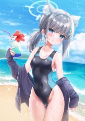 Rule 34 | 1girl, animal ear fluff, animal ears, beach, black jacket, black one-piece swimsuit, blue archive, blue eyes, blue sky, breasts, cloud, commentary request, competition swimsuit, covered navel, cowboy shot, cross hair ornament, day, drink, extra ears, flower, fukemachi, grey hair, hair ornament, halo, hibiscus, highleg, highleg swimsuit, highres, horizon, jacket, low ponytail, medium breasts, medium hair, mismatched pupils, multicolored clothes, multicolored swimsuit, ocean, one-piece swimsuit, open clothes, open jacket, outdoors, shiroko (blue archive), shiroko (swimsuit) (blue archive), sky, solo, standing, swimsuit