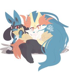 Rule 34 | 1boy, 1girl, animal ear fluff, animal ears, animal hands, animal nose, arm support, artist name, black fur, blue fur, blush, body fur, braixen, closed mouth, creatures (company), dated, flat color, fluffy, fox ears, fox girl, fox tail, full body, furry, game freak, gen 4 pokemon, gen 6 pokemon, hand to own mouth, hand up, happy, highres, jpeg artifacts, leaning forward, legs together, looking at another, looking down, lucario, nintendo, nyaswitchnya, pokemon, pokemon (creature), red eyes, sideways mouth, signature, simple background, sitting, smile, snout, spikes, tail, white background, white fur, wolf boy, wolf ears, wolf tail, yellow fur
