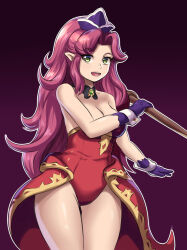 Rule 34 | 1girl, angela (seiken densetsu 3), bare shoulders, breasts, cleavage, crown, female focus, gloves, green eyes, hair intakes, highres, large breasts, leonart, leotard, long hair, looking at viewer, open mouth, pointy ears, purple background, purple gloves, purple hair, red leotard, seiken densetsu, seiken densetsu 3, smile, solo, square enix, staff, teeth, thighs, tongue, very long hair