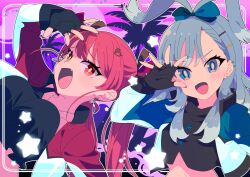 Rule 34 | 2girls, black gloves, black shirt, blue eyes, blue hair, blue jacket, breasts, collarbone, colored tips, cropped shirt, ear piercing, earrings, fang, fingerless gloves, gloves, hair ornament, heart, heart earrings, heart hair ornament, hetero, highres, houshou marine, iii (hololive), jacket, jewelry, kobo kanaeru, large breasts, long hair, multicolored clothes, multicolored hair, multicolored jacket, multiple girls, navel, open mouth, palm tree, piercing, purple background, red eyes, red hair, red jacket, shirt, star (symbol), tongue, tree, twintails, two-tone jacket, upper body, wakimae62, white hair, white jacket, yellow eyes