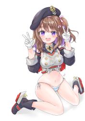 Rule 34 | 1girl, absurdres, artist name, artist request, azur lane, beret, blush, brown hair, double v, full body, gloves, hair ribbon, hat, heart, heart-shaped pupils, highres, medium hair, navel, open mouth, panties, purple eyes, ribbon, shoes, side ponytail, simple background, sitting, solo, striped clothes, striped panties, symbol-shaped pupils, teeth, thighs, underwear, upper teeth only, v, white background, z35 (azur lane)