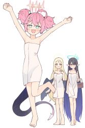 Rule 34 | 3girls, :3, ahoge, arms up, ayumu (blue archive), bare shoulders, barefoot, basket, black hair, blonde hair, blue archive, breasts, bright pupils, cleavage, closed mouth, flat chest, forehead jewel, full body, glasses, gradient hair, green eyes, halo, hand on own chest, highres, holding, holding basket, kamo (kamonabe 44), long hair, looking at viewer, medium breasts, momoka (blue archive), multicolored hair, multiple girls, naked towel, open mouth, outstretched arms, pointy ears, rin (blue archive), short twintails, simple background, smile, solo focus, standing, standing on one leg, tail, towel, twintails, very long hair, white background, white pupils, wings