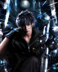 Rule 34 | 1boy, abstract background, absurdres, black hair, black jacket, closed mouth, engine blade, final fantasy, final fantasy xv, gloves, hand on own face, highres, jacket, leather, leather jacket, looking at viewer, male focus, marthhh, moon, night, night sky, noctis lucis caelum, red eyes, reflection, short hair, signature, sitting, sky, solo, star (sky), starry sky, sword, weapon