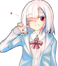 Rule 34 | 1girl, ;), absurdres, albino, blue cardigan, blush, bow, bowtie, cardigan, closed mouth, collared shirt, commentary, highres, long sleeves, looking at viewer, multicolored hair, one eye closed, original, plaid, plaid bow, plaid bowtie, pointing, pointing at self, red eyes, shirayuki (snow link), shirt, short hair, smile, solo, star (symbol), streaked hair, v, white hair