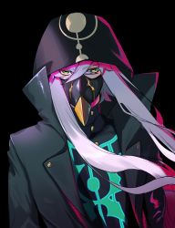 Rule 34 | 1boy, absurdres, asclepius (fate), black jacket, eyebrows hidden by hair, fate/grand order, fate (series), green eyes, hair between eyes, highres, hood, hood up, hooded jacket, hoodie, jacket, long hair, long sleeves, looking at viewer, male focus, mare funo, mask, silver hair, simple background, solo, upper body