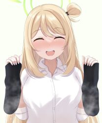 Rule 34 | 1girl, beru (belse mmrkhr), black bow, black socks, blonde hair, blue archive, blush, bow, breasts, closed eyes, commentary request, eyelashes, hair bow, halo, hands up, highres, holding, large breasts, long hair, long sleeves, looking at viewer, nonomi (blue archive), one side up, open mouth, shirt, smell, socks, solo, sweatdrop, teeth, unworn socks, upper body, upper teeth only, wet legwear, white shirt