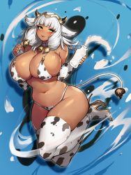 Rule 34 | 1girl, absurdres, alternate breast size, alternate costume, animal ears, animal print, ash (fire emblem), ass, bell, bikini, black horns, blush, bottle, breasts, choker, cleavage, commission, cow ears, cow girl, cow print, cow tail, cowbell, curvy, dark-skinned female, dark skin, elbow gloves, fire emblem, fire emblem heroes, full body, gloves, gold trim, gurimjang, high heels, highres, horns, huge breasts, looking at viewer, milk, milk bottle, navel, nintendo, pixiv commission, red lips, silver hair, smile, solo, swimsuit, tail, thighhighs, thighs, wide hips, yellow eyes