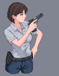Rule 34 | 1girl, absurdres, belt, belt pouch, blue eyes, blue pants, breasts, brown hair, denim, grey background, gun, handgun, highres, holding, holding gun, holding weapon, holster, kzm (sub-moa works), looking to the side, m1911, military, open mouth, original, pants, polo shirt, pouch, shirt, short hair, short sleeves, simple background, solo, trigger discipline, weapon, white shirt