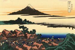 6+boys absurdres barefoot bridge cloud facing_away fine_art_parody gradient_sky hat highres hokusai horse japan japanese_clothes japanese_text kimono mount_fuji mountain multiple_boys nihonga orange_sky original outdoors pale_skin parody river scenery sky straw_hat thatched_roof thirty-six_views_of_mount_fuji town traditional_media tree ukiyo-e volcano water