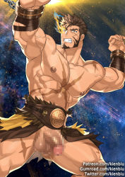 Rule 34 | 1boy, abs, bara, brown hair, censored, cross scar, facial hair, fighting stance, flaccid, goatee, heracles (housamo), kienbiu, large pectorals, long sideburns, male focus, manly, mosaic censoring, muscular, nipples, paid reward available, pectorals, penis, revealing clothes, scar, short hair, sideburns, solo, testicles, thick thighs, thighs, tokyo houkago summoners, topless male, upper body