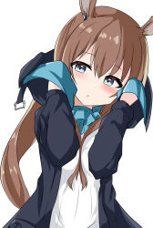 Rule 34 | 1girl, :o, absurdres, amiya (arknights), animal ears, arknights, between breasts, black jacket, blush, breasts, brown hair, commentary request, grey eyes, hair between eyes, hands up, highres, hood, hood down, hooded jacket, jacket, long hair, long sleeves, looking at viewer, numahata tofu., open clothes, open jacket, parted lips, rabbit ears, shirt, simple background, small breasts, solo, upper body, very long hair, white background, white shirt