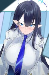 Rule 34 | 1girl, absurdres, black hair, blue archive, blue eyeliner, blue eyes, blue necktie, blurry, blurry foreground, blush, breasts, chankuro, coat, depth of field, earrings, eyeliner, glasses, halo, highres, jewelry, large breasts, long hair, looking at viewer, necktie, pointy ears, rin (blue archive), shirt, solo, straight hair, sweatdrop, upper body, very long hair, white coat, white shirt