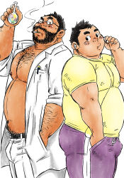 Rule 34 | 2boys, age difference, back-to-back, bara, bare pectorals, beard, big belly, blush, bulge, covered erect nipples, dark-skinned male, dark skin, earphones, facial hair, from side, full beard, gmd (bigchang), hairy, lab coat, large pectorals, looking back, male focus, mature male, multiple boys, navel, navel hair, nipples, no shirt, one eye closed, original, pants, pectorals, shirt, short hair, sideburns stubble, smoke, sparse arm hair, sparse chest hair, standing, stomach, stubble, t-shirt, thick thighs, thighs, track pants, yaoi