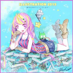 Rule 34 | 1girl, belt, blonde hair, blue shorts, boots, border, brown belt, brown footwear, brown gloves, checkered flag, flag, gloves, hair ornament, high heel boots, high heels, highres, illustration.media, looking at viewer, lying, on stomach, open mouth, purple border, purple eyes, purple hair, shorts, signature, solo, star (symbol), striped tank top, tank top, tri braids, triangle, yutukicom