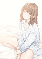 Rule 34 | 1girl, bed sheet, brown hair, closed mouth, collared shirt, dress shirt, fangxiang cuoluan, happy new year, highres, long sleeves, looking at viewer, new year, one eye closed, original, shirt, sitting, solo, thighs, waking up, white shirt, yellow eyes