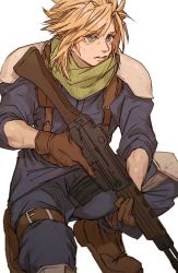 Rule 34 | 1boy, aged down, armor, assault rifle, asymmetrical hair, blonde hair, blue eyes, blue pants, blue shirt, boots, cloud strife, daewoo k2, final fantasy, final fantasy vii, final fantasy vii remake, gloves, gun, highres, holding, holding gun, holding weapon, inuue15, kneeling, on one knee, pants, shinra infantry uniform, shirt, shoulder armor, sleeves rolled up, solo, spiked hair, square enix, suspenders, thigh strap, upper body, weapon, white background