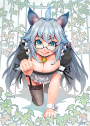 Rule 34 | 1girl, :q, ahoge, all fours, animal ears, apron, aqua eyes, bell, blue hair, breasts, cat ears, cleavage, garter straps, glasses, green eyes, happa (cloverppd), large breasts, long hair, maid, maid apron, original, solo, thighhighs, tongue, tongue out, very long hair, wrist cuffs