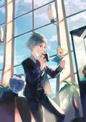 Rule 34 | 1boy, black pants, carbink, cloud, collared shirt, commentary, creatures (company), cup, day, display case, drinking, from below, game freak, gen 6 pokemon, hands up, highres, holding, holding cup, indoors, jacket, jewelry, light, long sleeves, male focus, necktie, nintendo, odashi (namiri), pants, plant, pokemon, pokemon (creature), pokemon oras, ring, shirt, short hair, sky, steven stone, white shirt, window