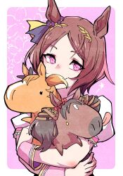 Rule 34 | 1girl, animal, animal ears, animalization, border, bow, brown bow, brown hair, cherry blossoms, closed mouth, commentary, crossed arms, ear bow, ear ornament, ear scrunchie, floral background, floral print, flower-shaped pupils, flower in eye, hair ornament, highres, holding, holding animal, horse, horse ears, horse girl, looking at viewer, marvelous sunday (umamusume), mayano top gun (umamusume), minimized, multicolored hair, orange hair, outside border, parted bangs, pink background, pink eyes, pink hair, puffy short sleeves, puffy sleeves, sakura laurel (umamusume), short hair, short sleeves, smile, solid circle eyes, symbol-shaped pupils, symbol in eye, takatsuki nato, tongue, tongue out, twintails, two-tone hair, two side up, umamusume, upper body, white border, wrist cuffs, yellow eyes
