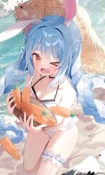 Rule 34 | &gt; o, 1girl, absurdres, alternate costume, animal ears, basket, beach, bikini, bird, blue hair, blush, bow, braid, breasts, bridal garter, carrot, cleavage, commentary, frilled bikini, frills, hair bow, hair intakes, hat, highres, holding, holding basket, hololive, long hair, multicolored hair, nel dcm, ocean, one eye closed, open mouth, orange eyes, outdoors, rabbit ears, rabbit girl, seagull, short eyebrows, small breasts, solo, standing, sun hat, swimsuit, tearing up, thick eyebrows, twin braids, two-tone hair, usada pekora, virtual youtuber, white bikini, white bow, white hair