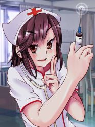 Rule 34 | 1girl, blush, chikusan nurseman, female focus, hat, highres, looking at viewer, needle, nurse, open mouth, solo, stethoscope, tongue