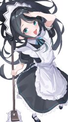 Rule 34 | 1girl, absurdres, apron, aris (blue archive), aris (maid) (blue archive), black dress, black footwear, black hair, black ribbon, blue archive, collared dress, commentary, dress, full body, green eyes, hand up, highres, holding, holding mop, litlu, long hair, looking at viewer, looking up, maid apron, maid headdress, mop, neck ribbon, official alternate costume, open mouth, ponytail, puffy short sleeves, puffy sleeves, ribbon, short sleeves, simple background, smile, solo, standing, white apron, white background
