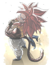 Rule 34 | 1boy, back, black footwear, blue eyes, body fur, bosstseng, crossed arms, dragon ball, dragon ball gt, from behind, fusion, fusion dance, gogeta, looking at viewer, looking back, looking up, male focus, metamoran vest, monkey boy, monkey tail, muscular, muscular male, open mouth, pants, red fur, red hair, smile, spiked hair, super saiyan, super saiyan 4, tail, white pants